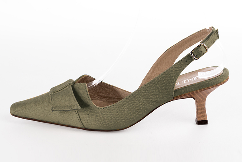Khaki green women's open back shoes, with a knot. Tapered toe. Medium spool heels. Profile view - Florence KOOIJMAN